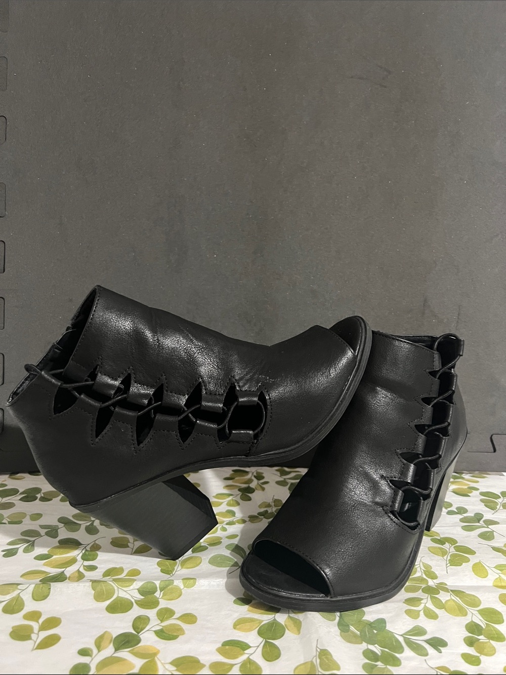 SO Black Lace-Side Peep-Toe Ankle Boots
